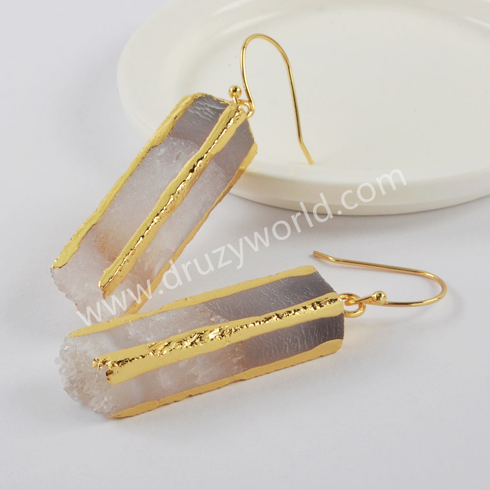 Gold Plated Rectangle Natural Agate Druzy Bar Dangle Earrings G1999-E