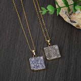 16“ Natural Agate Druzy Square Pendant Necklace, Gold Plated Raw Crystals Healing Jewelry G2022-N