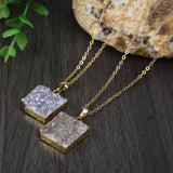 16“ Natural Agate Druzy Square Pendant Necklace, Gold Plated Raw Crystals Healing Jewelry G2022-N
