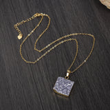 16“ Natural Agate Druzy Square Pendant Necklace, Gold Plated Raw Crystals Healing Jewelry G2022-N