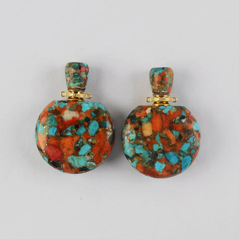 Round Multi Natural Gemstone Perfume Bottle Connectors, Healing Crystals Jewelry Bottles G2037