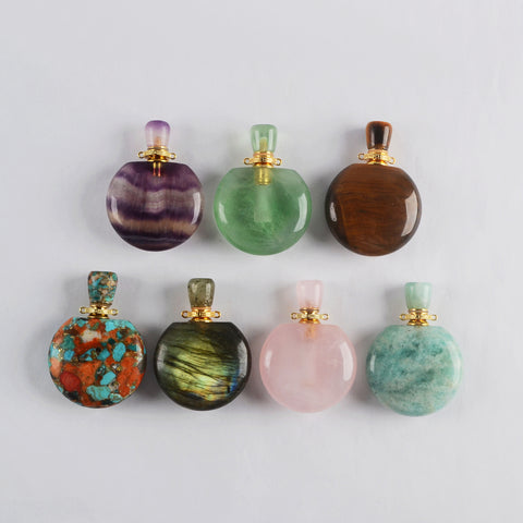 Round Multi Natural Gemstone Perfume Bottle Connectors, Healing Crystals Jewelry Bottles G2037