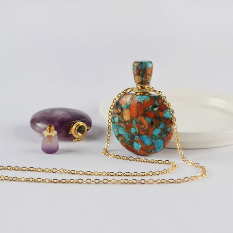 Round Multi Natural Gemstone Perfume Bottle Necklace, Healing Crystals Jewelry Necklace G2037-N