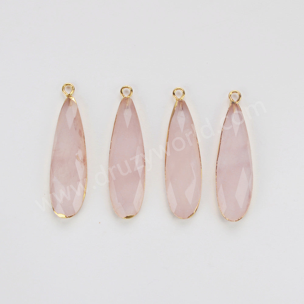 Gold Plated Long Drop Rose Quartz Faceted Charm, Crystal Jewelry Making G2046