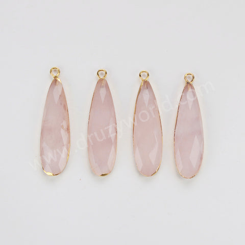 Gold Plated Long Drop Rose Quartz Faceted Charm, Crystal Jewelry Making G2046