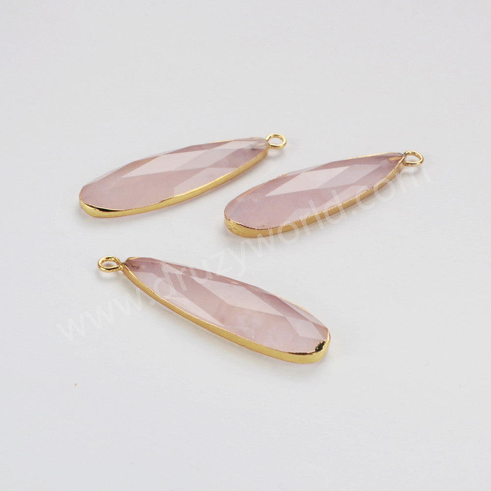 Gold Plated Long Drop Rose Quartz Faceted Charm, Crystal Jewelry Making G2046