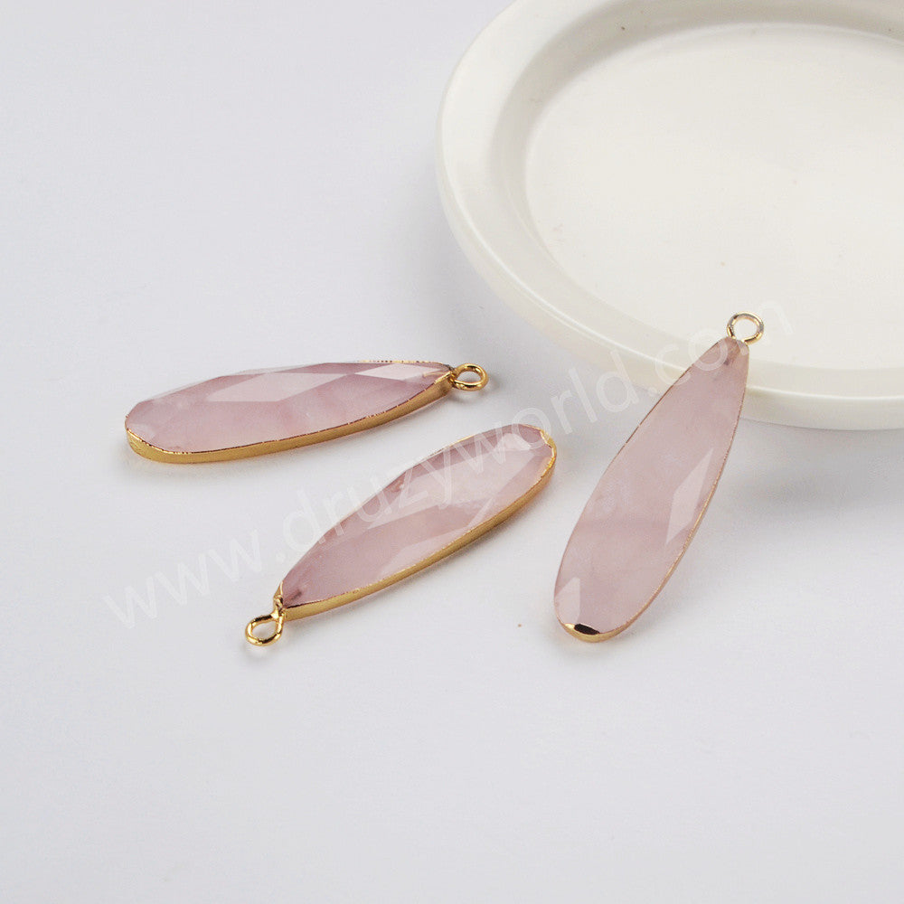 Gold Plated Long Drop Rose Quartz Faceted Charm, Crystal Jewelry Making G2046