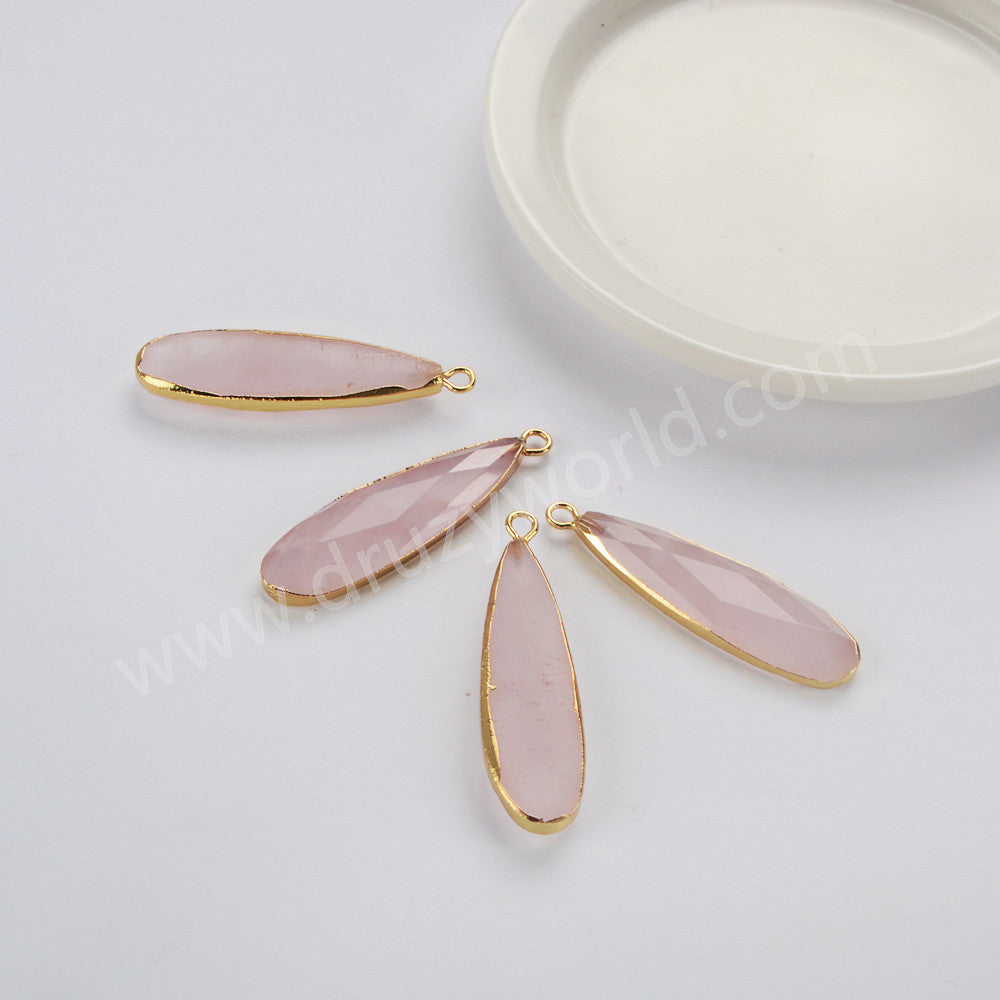 Gold Plated Long Drop Rose Quartz Faceted Charm, Crystal Jewelry Making G2046