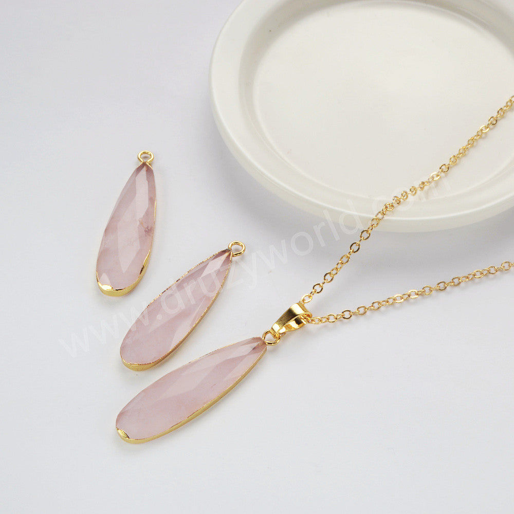 Gold Plated Long Drop Rose Quartz Faceted Charm, Crystal Jewelry Making G2046