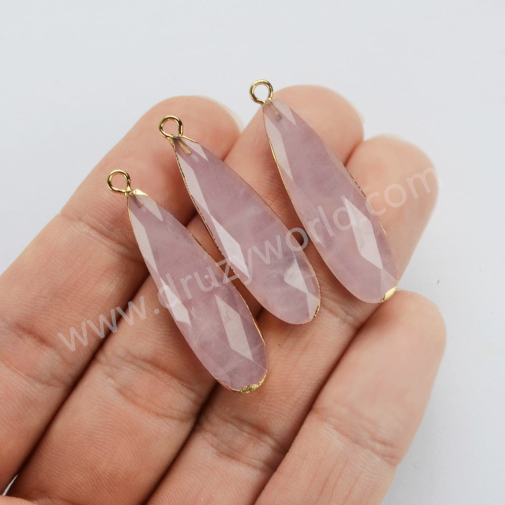 Gold Plated Long Drop Rose Quartz Faceted Charm, Crystal Jewelry Making G2046