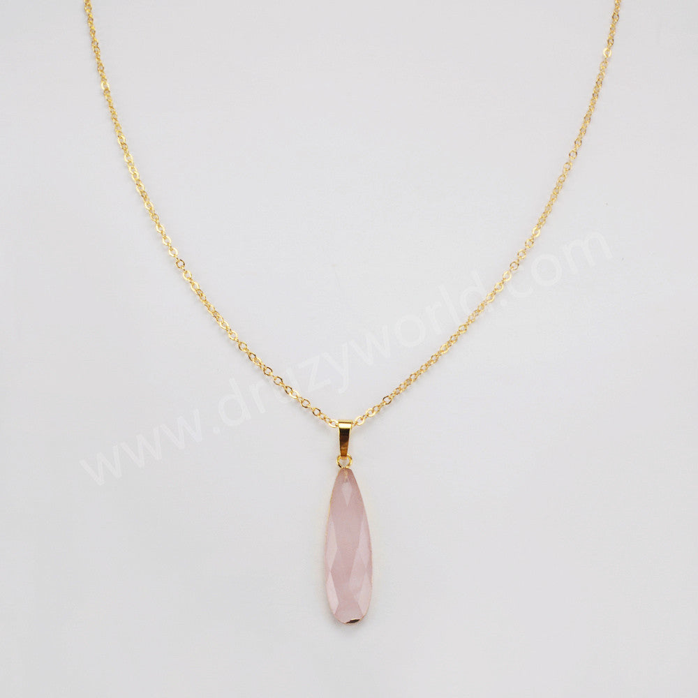 Gold Plated Long Drop Rose Quartz Faceted Charm, Crystal Jewelry Making G2046