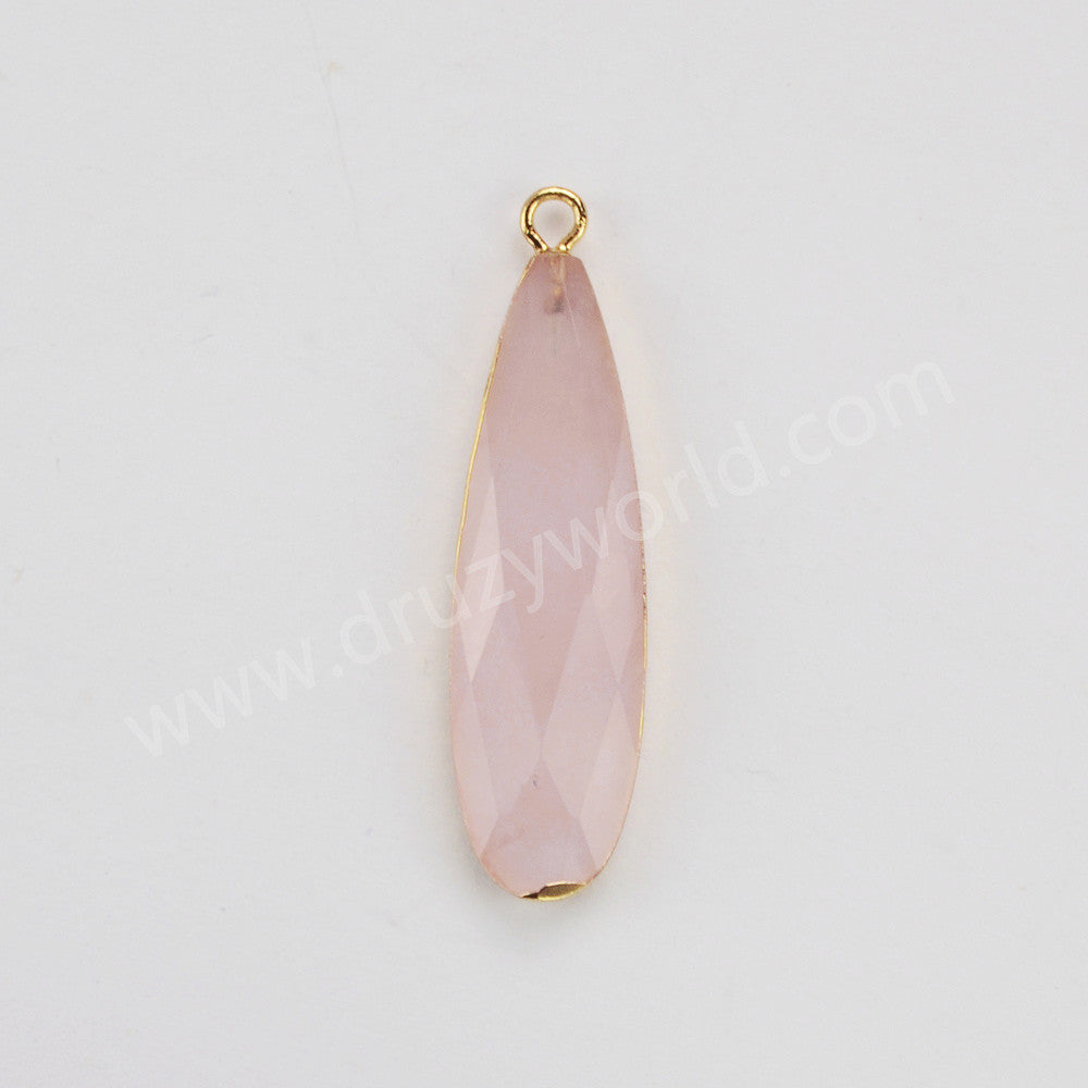 Gold Plated Long Drop Rose Quartz Faceted Charm, Crystal Jewelry Making G2046