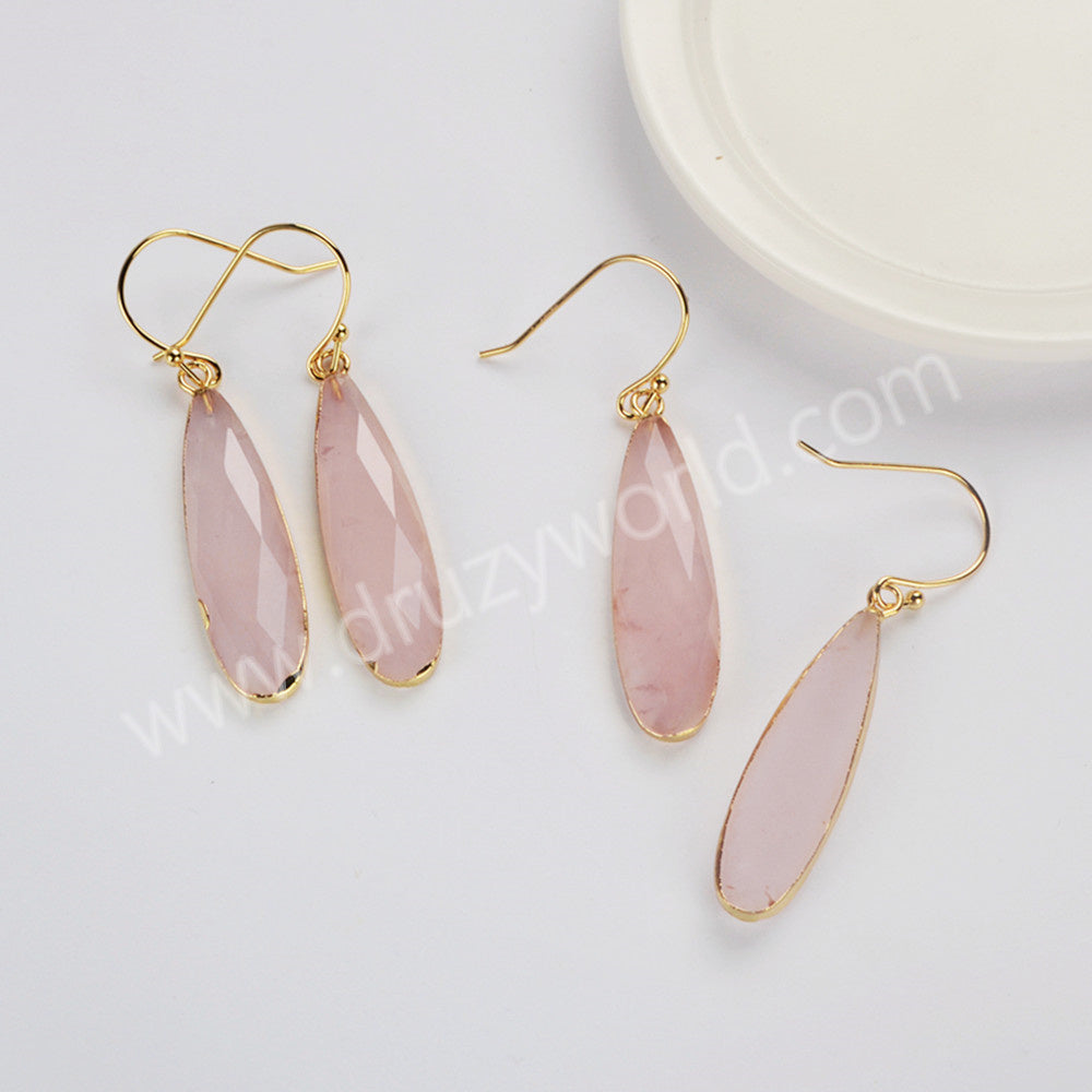 Gold Plated Long Teardrop Rose Quartz Faceted Dangle Earrings, Lady Fashion Jewelry G2046-E
