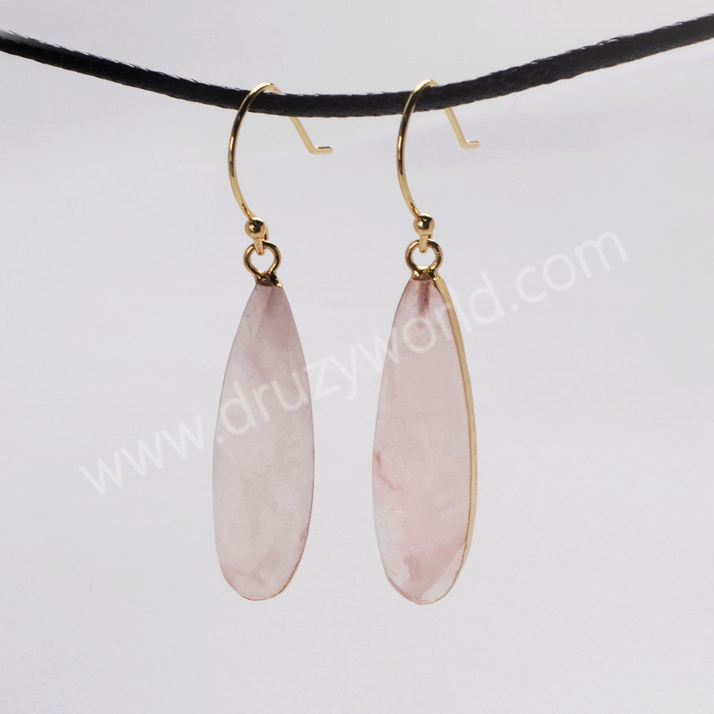 Gold Plated Long Teardrop Rose Quartz Faceted Dangle Earrings, Lady Fashion Jewelry G2046-E