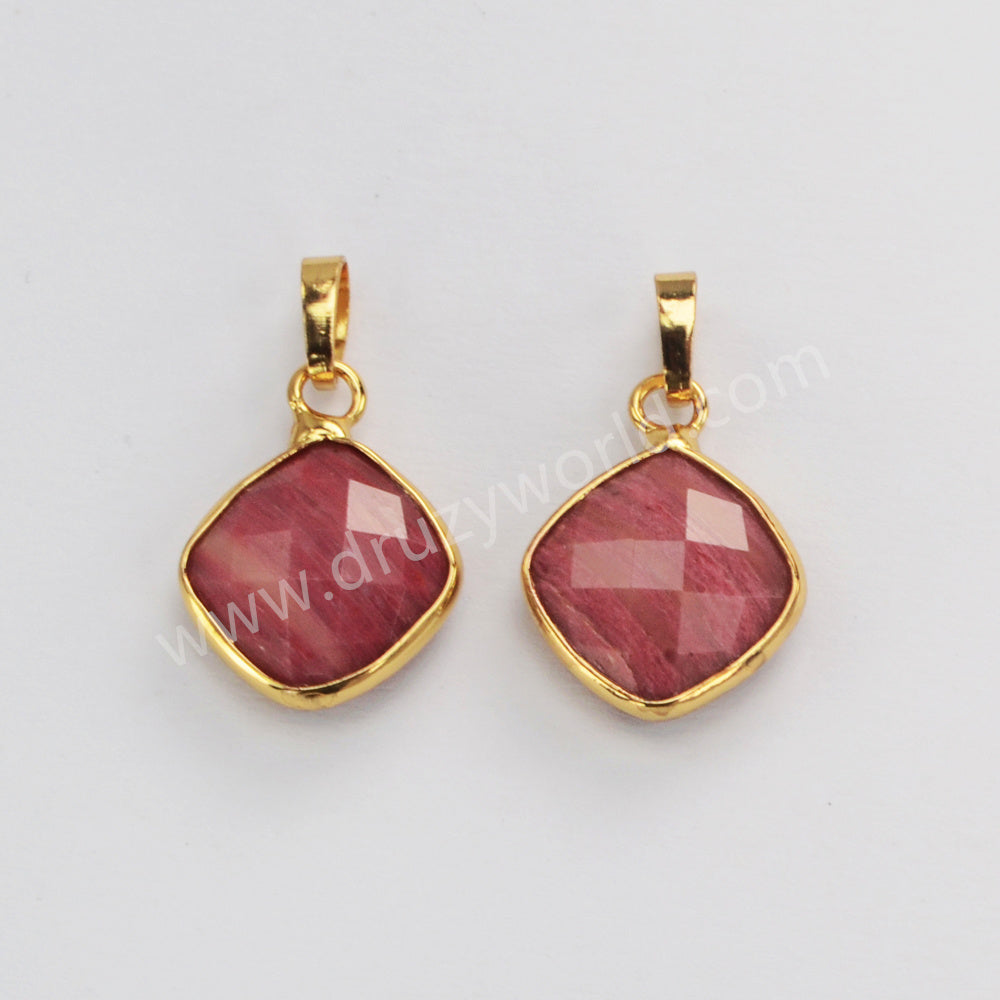 Gold Plated Diamond Faceted Rose Quartz Amazonite Sunstone Gemstone Pendant G2056