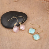 Diamond Shape Rose Quartz Amazonite Gemstone Faceted Gold Earrings, Crystal Jewelry Earrings G2056-E