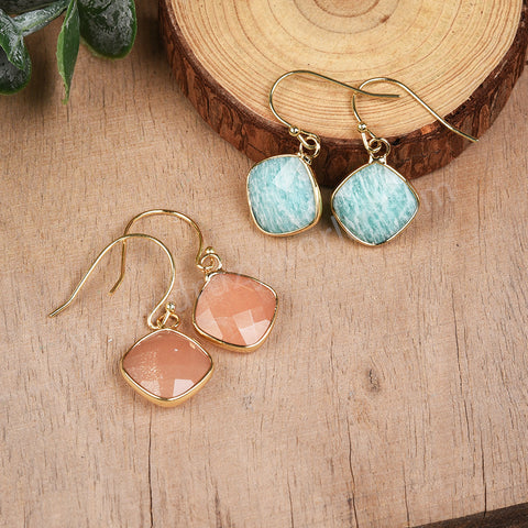 Diamond Shape Rose Quartz Amazonite Gemstone Faceted Gold Earrings, Crystal Jewelry Earrings G2056-E