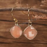 Diamond Shape Rose Quartz Amazonite Gemstone Faceted Gold Earrings, Crystal Jewelry Earrings G2056-E