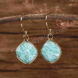 Diamond Shape Rose Quartz Amazonite Gemstone Faceted Gold Earrings, Crystal Jewelry Earrings G2056-E