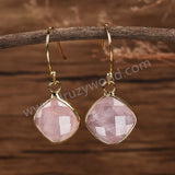 Diamond Shape Rose Quartz Amazonite Gemstone Faceted Gold Earrings, Crystal Jewelry Earrings G2056-E