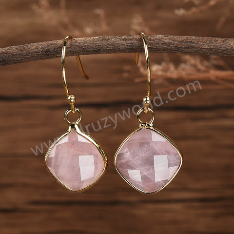 Diamond Shape Rose Quartz Amazonite Gemstone Faceted Gold Earrings, Crystal Jewelry Earrings G2056-E