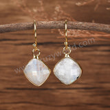 Diamond Shape Rose Quartz Amazonite Gemstone Faceted Gold Earrings, Crystal Jewelry Earrings G2056-E