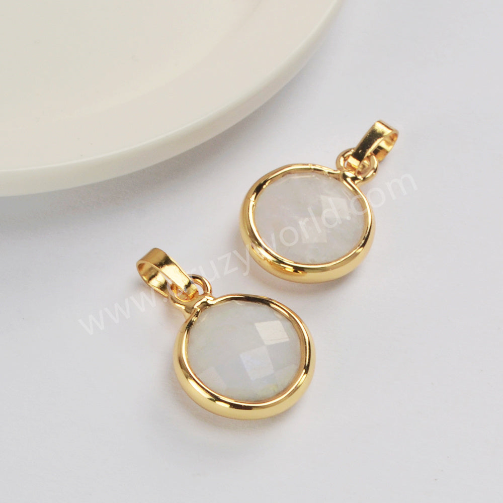 Gold Plated Round Moonstone Amazonite Rhodonite Faceted Gemstone Pendant G2057