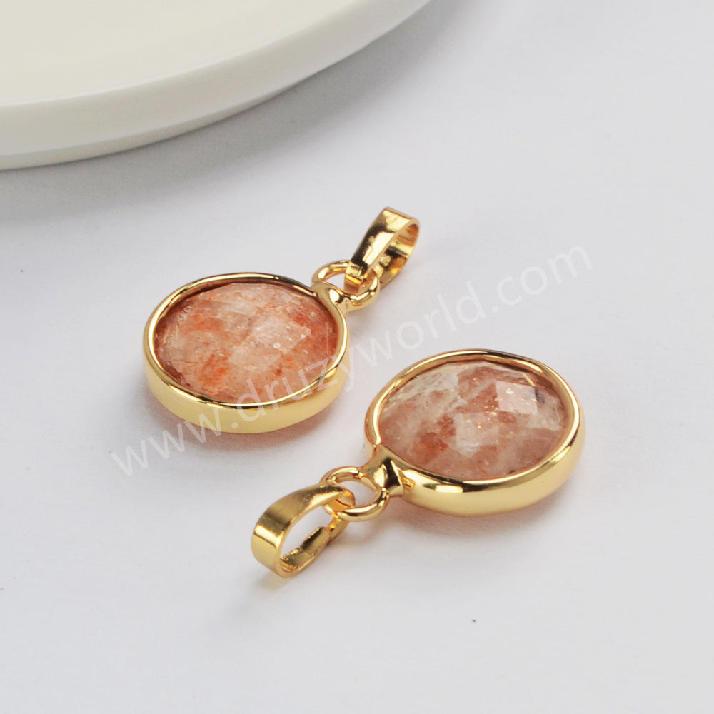 Gold Plated Round Moonstone Amazonite Rhodonite Faceted Gemstone Pendant G2057