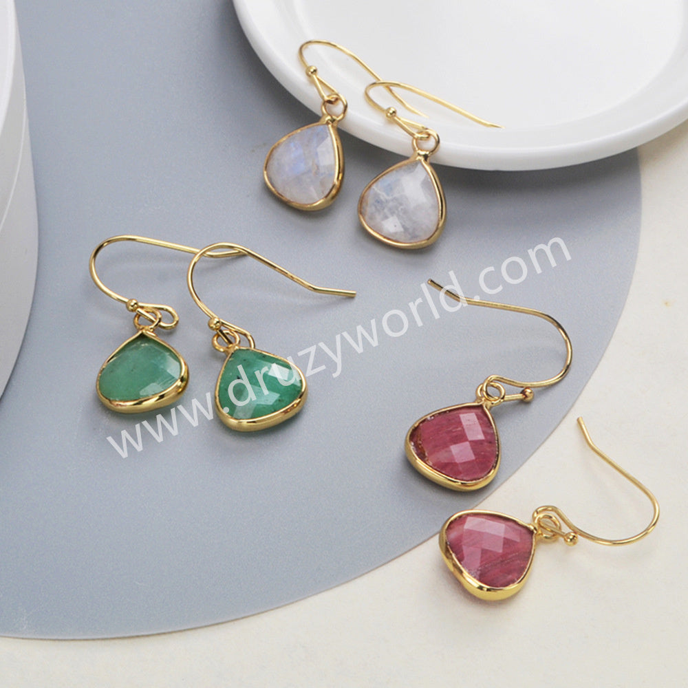Gold Plated Teardrop Faceted Moonstone Australia Jade Rhodonite Earrings, Fashion Crystal Jewelry G2058
