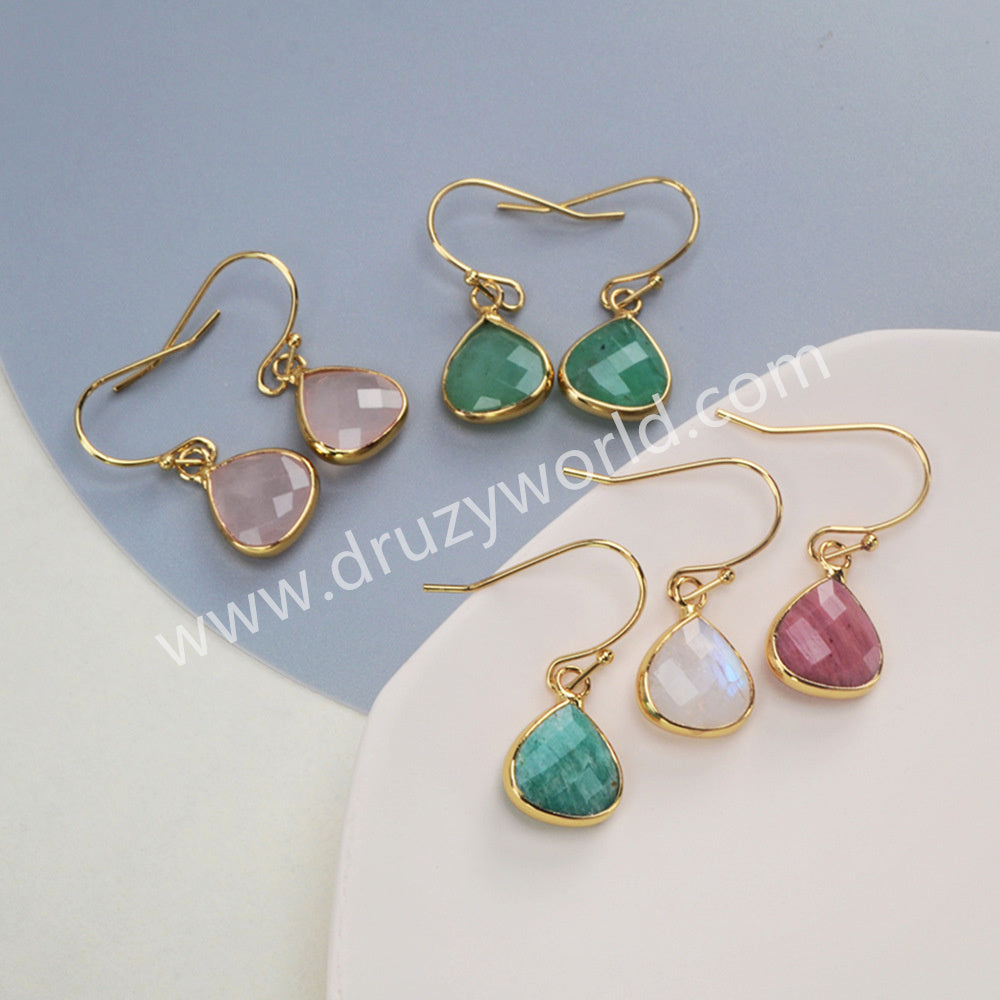 Gold Plated Teardrop Faceted Moonstone Australia Jade Rhodonite Earrings, Fashion Crystal Jewelry G2058