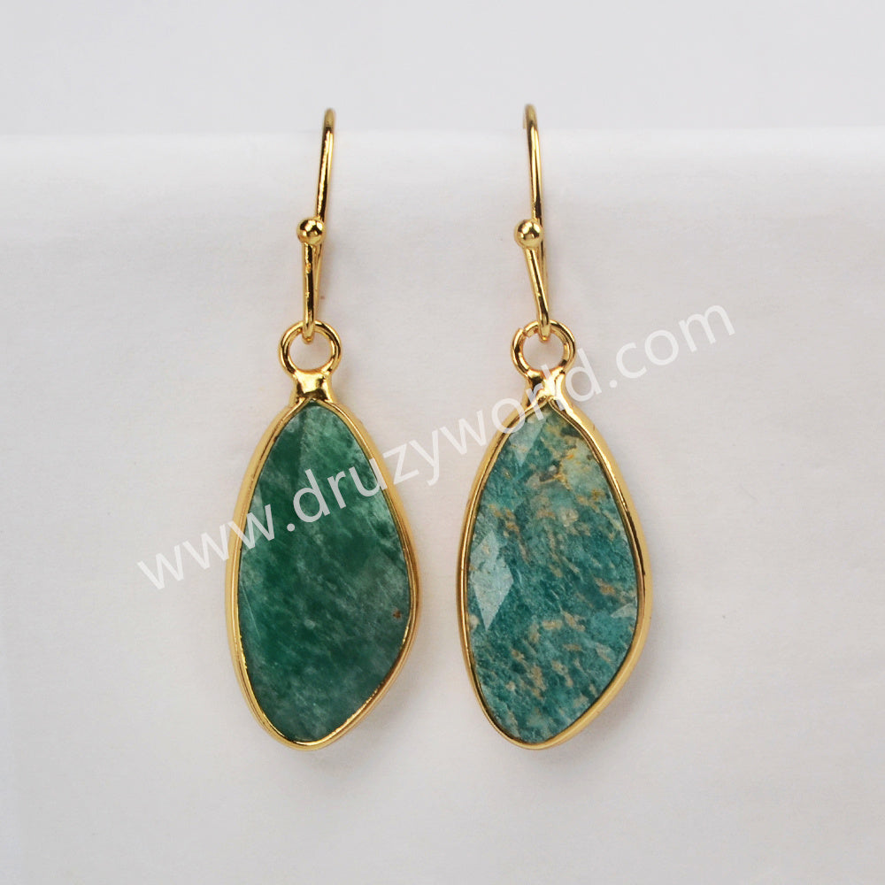Gold Plated Drop Moonstone Rose Quartz Amazonite Faceted Dangle Earrings G2059