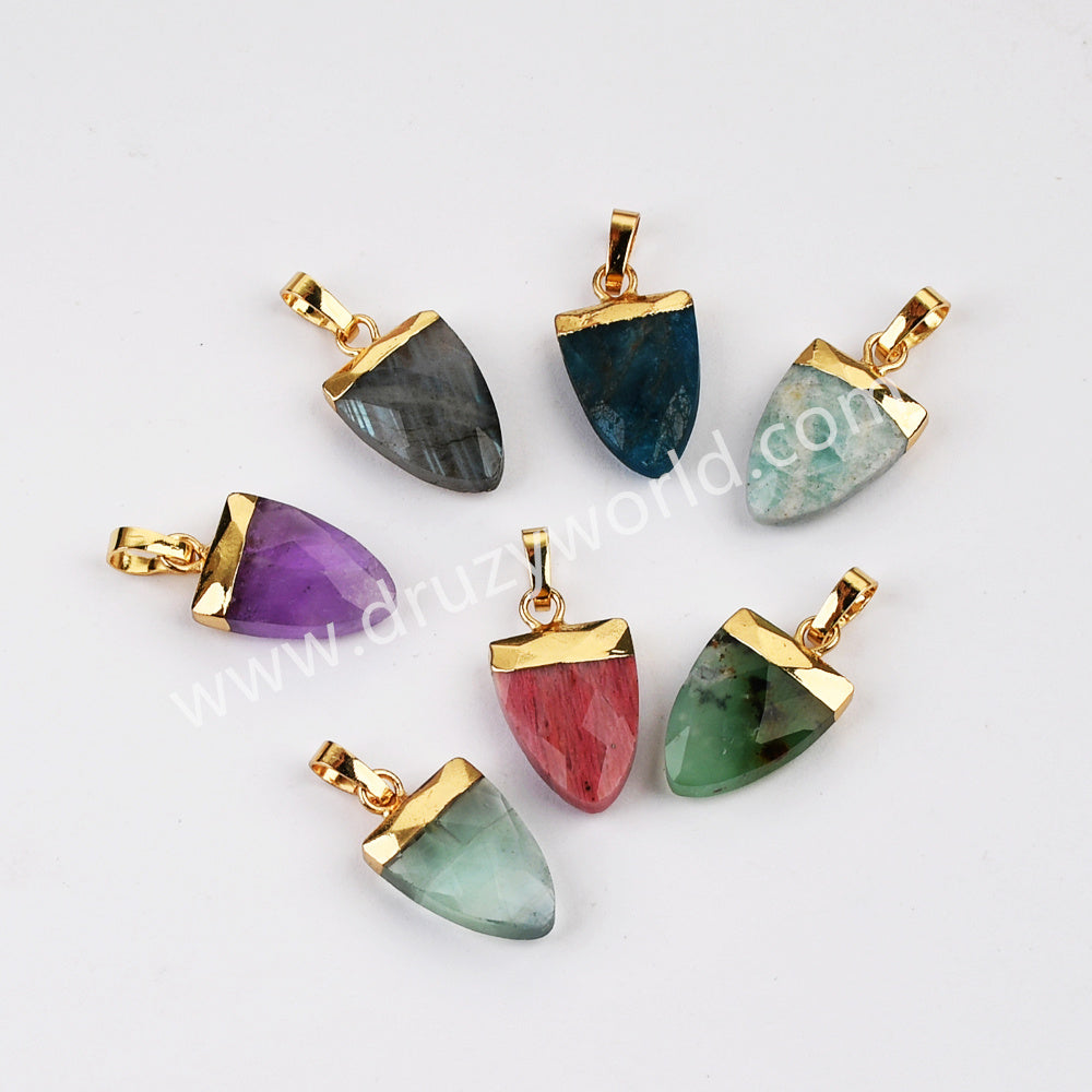 Gold Plated Shield Shape Rainbow Gemstone Faceted Pendant, For Jewelry Making G2071