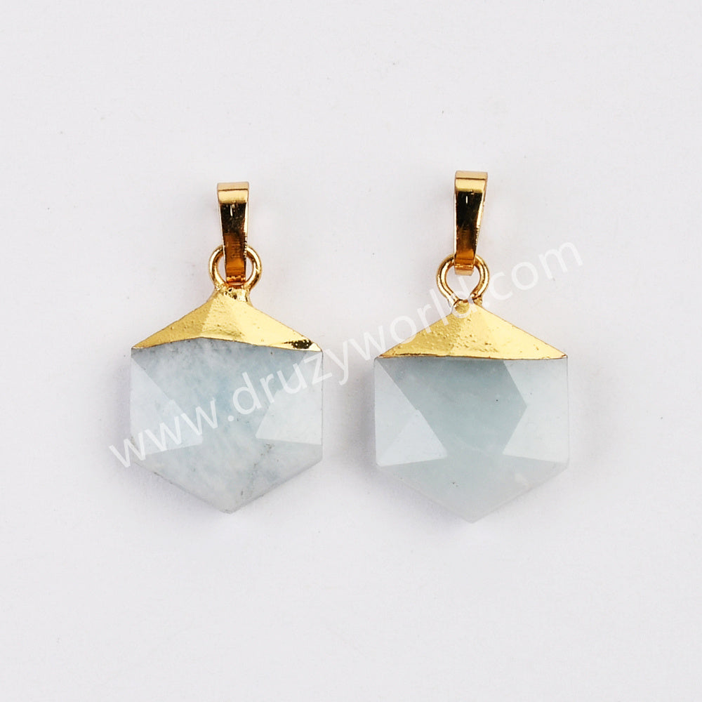 Gold Plated Hexagon Crystal Gemstone Faceted Pendant, For Jewelry Making G2072