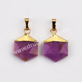 Gold Plated Hexagon Crystal Gemstone Faceted Pendant, For Jewelry Making G2072