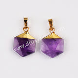 Gold Plated Hexagon Crystal Gemstone Faceted Pendant, For Jewelry Making G2072