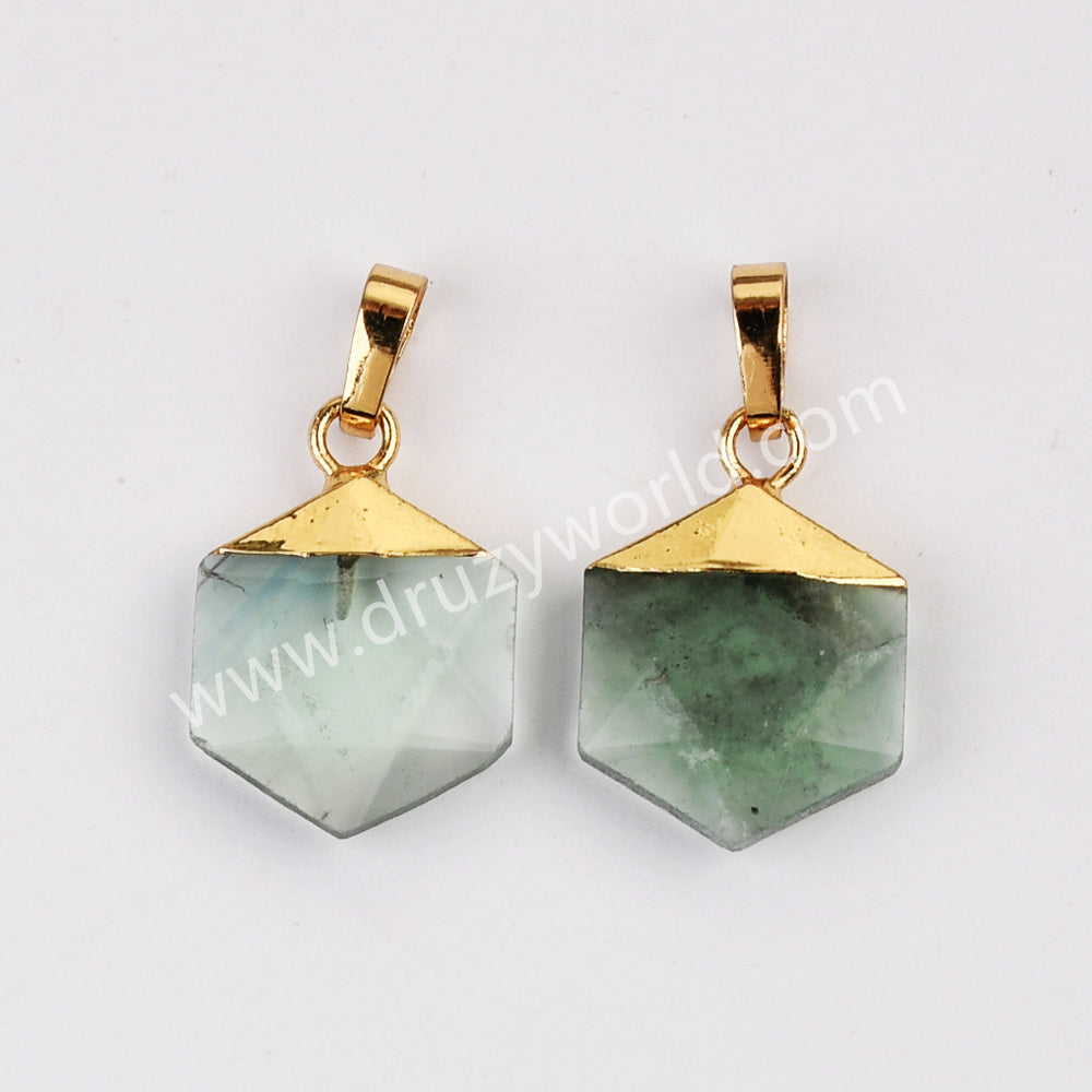 Gold Plated Hexagon Crystal Gemstone Faceted Pendant, For Jewelry Making G2072