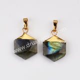 Gold Plated Hexagon Crystal Gemstone Faceted Pendant, For Jewelry Making G2072