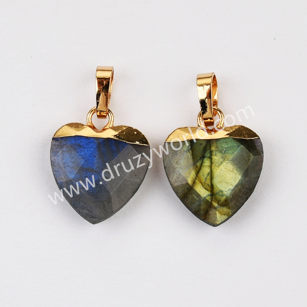 Gold Plated Heart Rainbow Gemstone Faceted Pendant, For Jewelry Making G2073