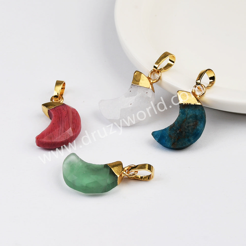 Gold Plated Rainbow Gemstone Crescent Moon Faceted Pendant, For Jewelry Making G2075