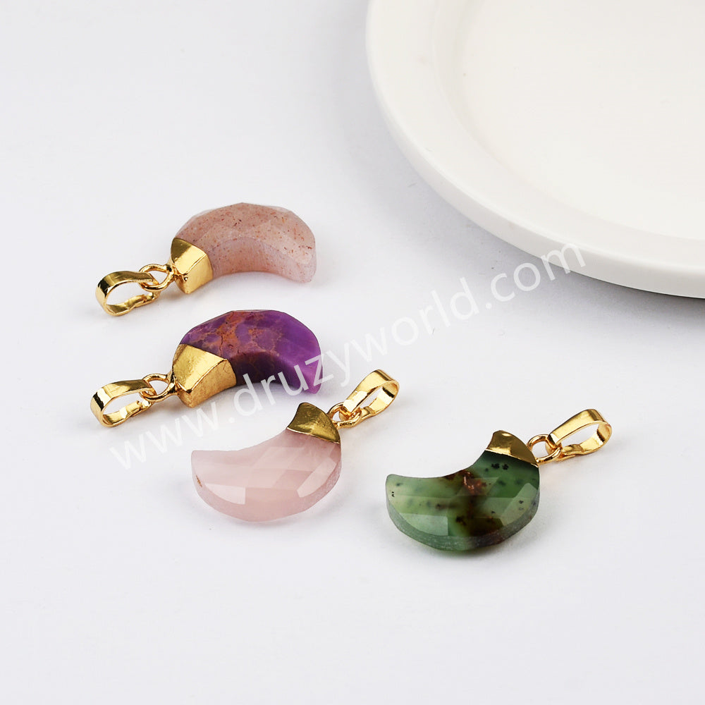 Gold Plated Rainbow Gemstone Crescent Moon Faceted Pendant, For Jewelry Making G2075