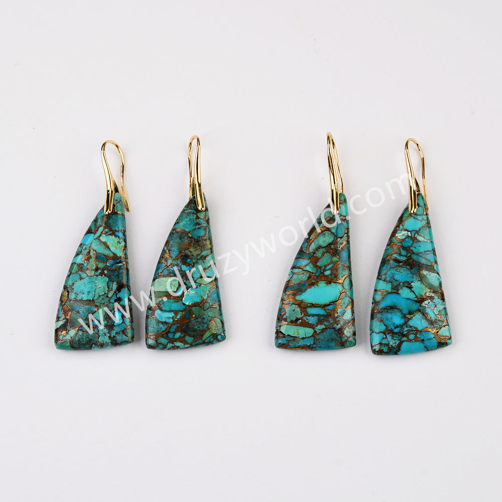 Unique Drop Gold Plated Copper Turquoise Dangle Earrings, Boho Gemstone Jewelry G2078-5