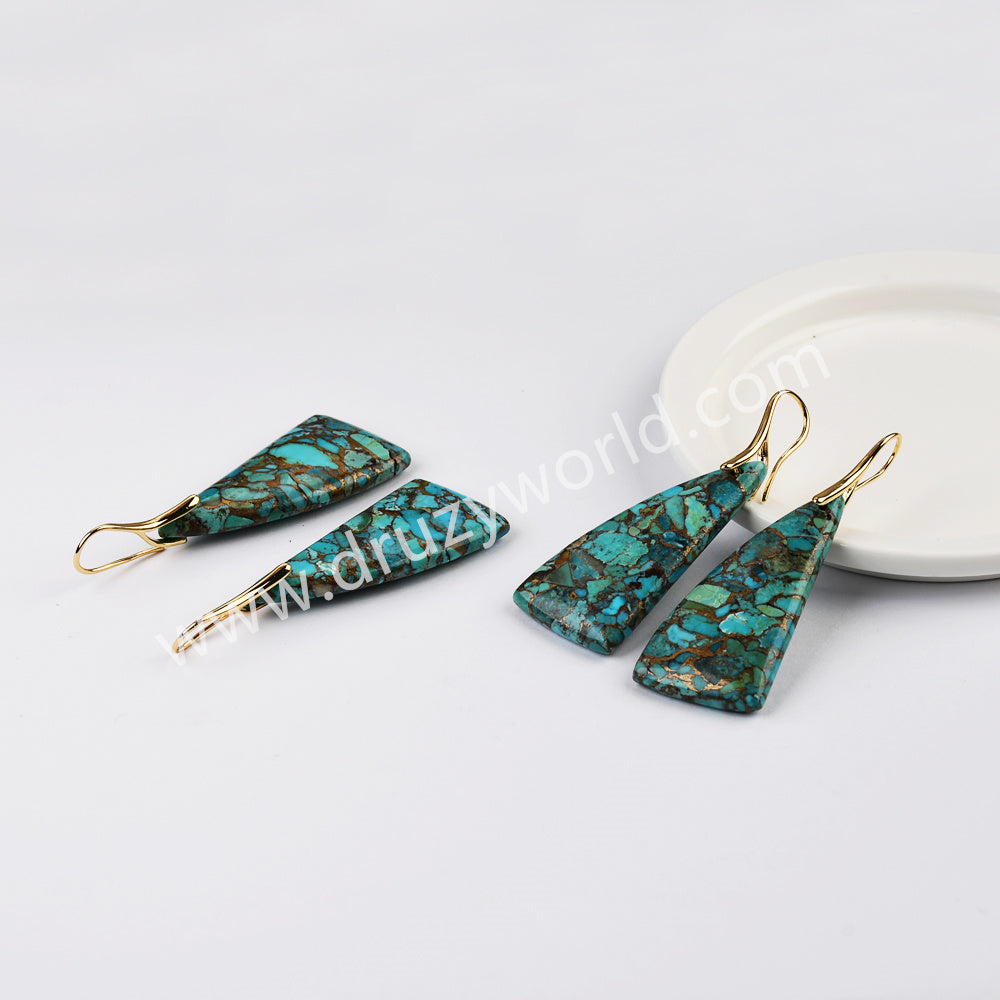 Unique Drop Gold Plated Copper Turquoise Dangle Earrings, Boho Gemstone Jewelry G2078-5