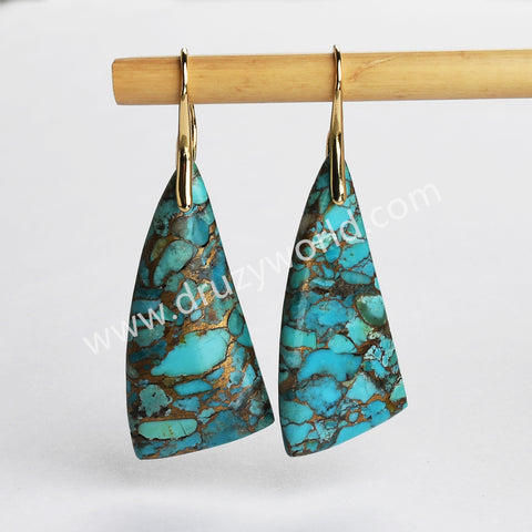 Unique Drop Gold Plated Copper Turquoise Dangle Earrings, Boho Gemstone Jewelry G2078-5