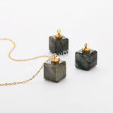 16" Gold Plated Square Green Fluorite Aquamarine Labradorite Crystal Perfume Bottle Necklace G2080-N