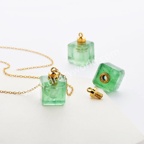 16" Gold Plated Square Green Fluorite Aquamarine Labradorite Crystal Perfume Bottle Necklace G2080-N