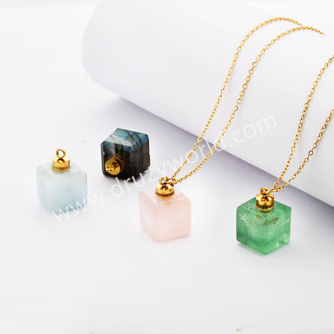 16" Gold Plated Square Green Fluorite Aquamarine Labradorite Crystal Perfume Bottle Necklace G2080-N