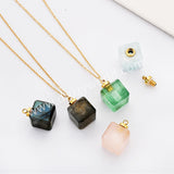 16" Gold Plated Square Green Fluorite Aquamarine Labradorite Crystal Perfume Bottle Necklace G2080-N