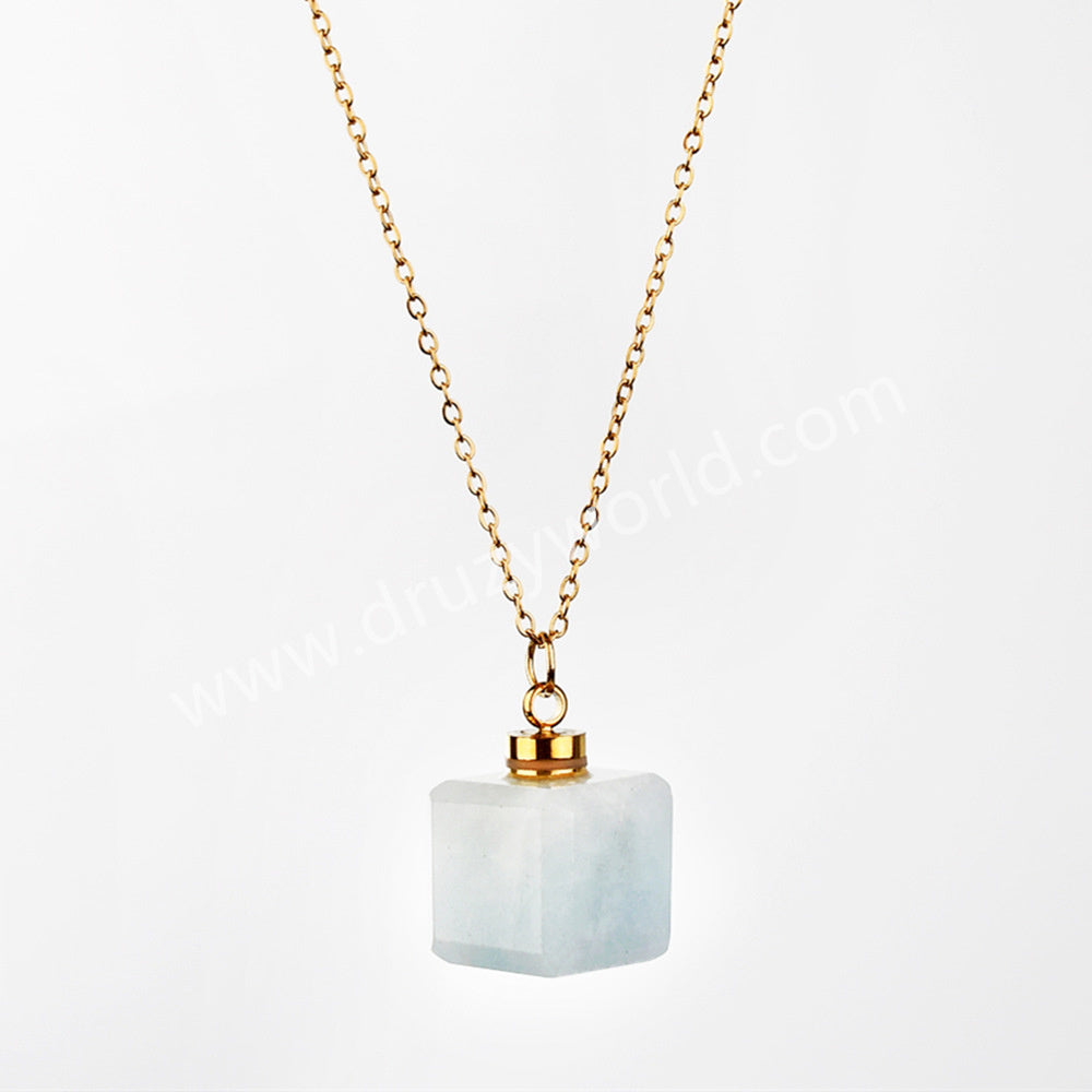 16" Gold Plated Square Green Fluorite Aquamarine Labradorite Crystal Perfume Bottle Necklace G2080-N