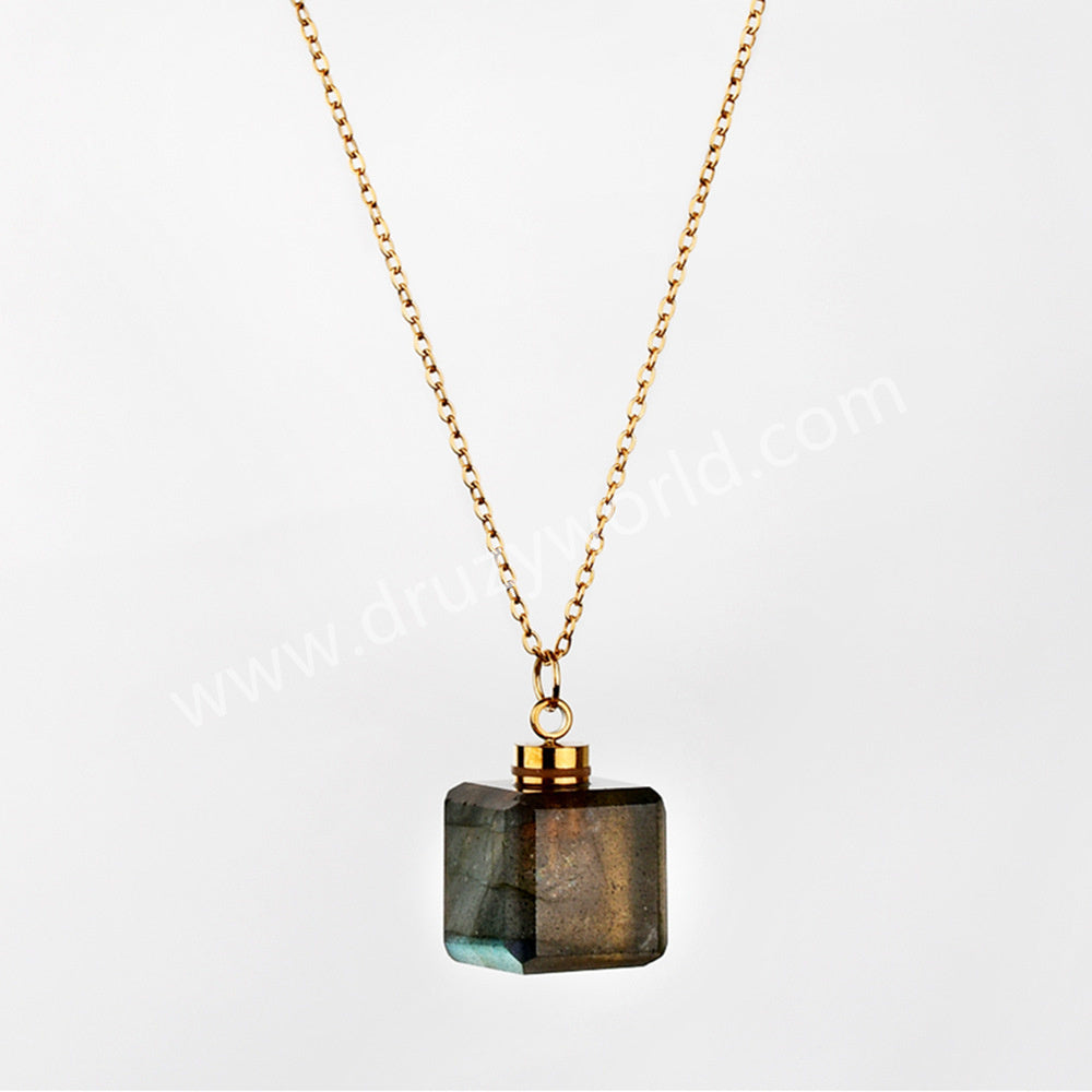 16" Gold Plated Square Green Fluorite Aquamarine Labradorite Crystal Perfume Bottle Necklace G2080-N