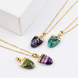 16" Gold Plated Genuine Pure Turquoise Fluorite Faceted Shield Pendant Necklace, Fashion Gemstone Jewelry G2081-N